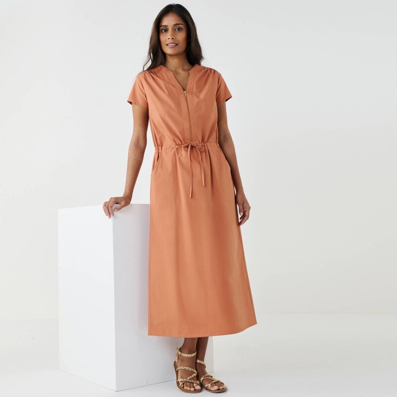 Midi keprové šaty s výstrihom na zips a šnúrkou v páse terakota 054 67484487