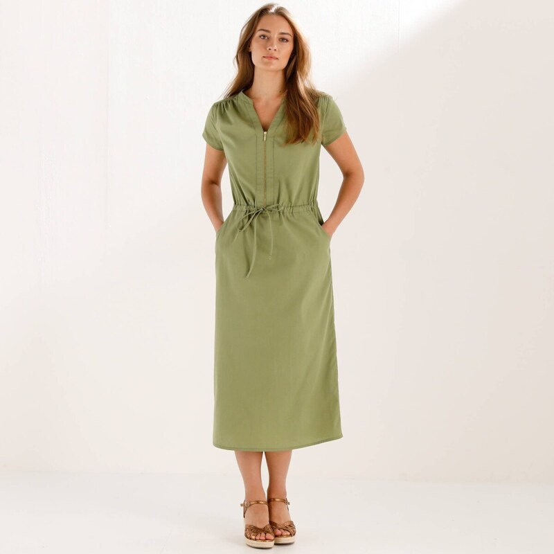 Midi keprové šaty s výstrihom na zips a šnúrkou v páse khaki 050 67484494