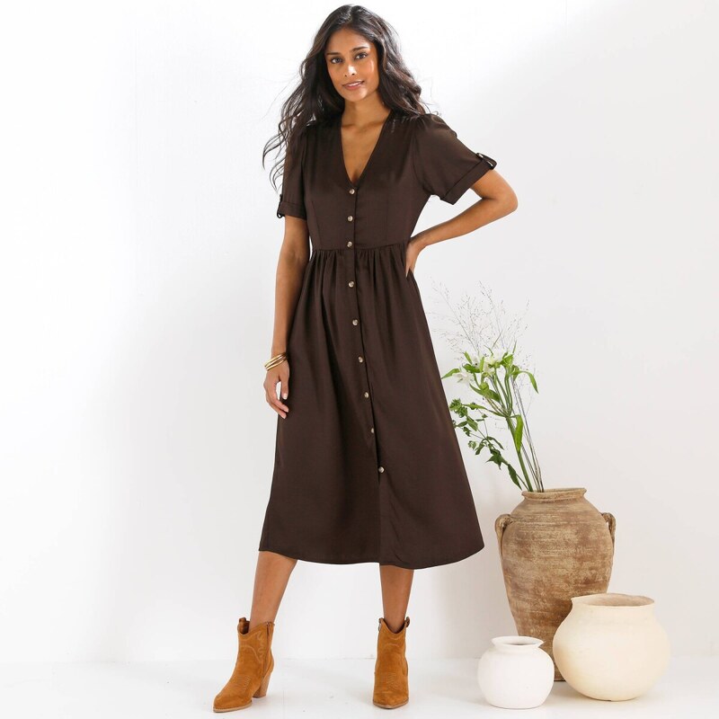 Jednofarebné midi šaty na zapínanie čokoládová 054 Blancheporte 67484514