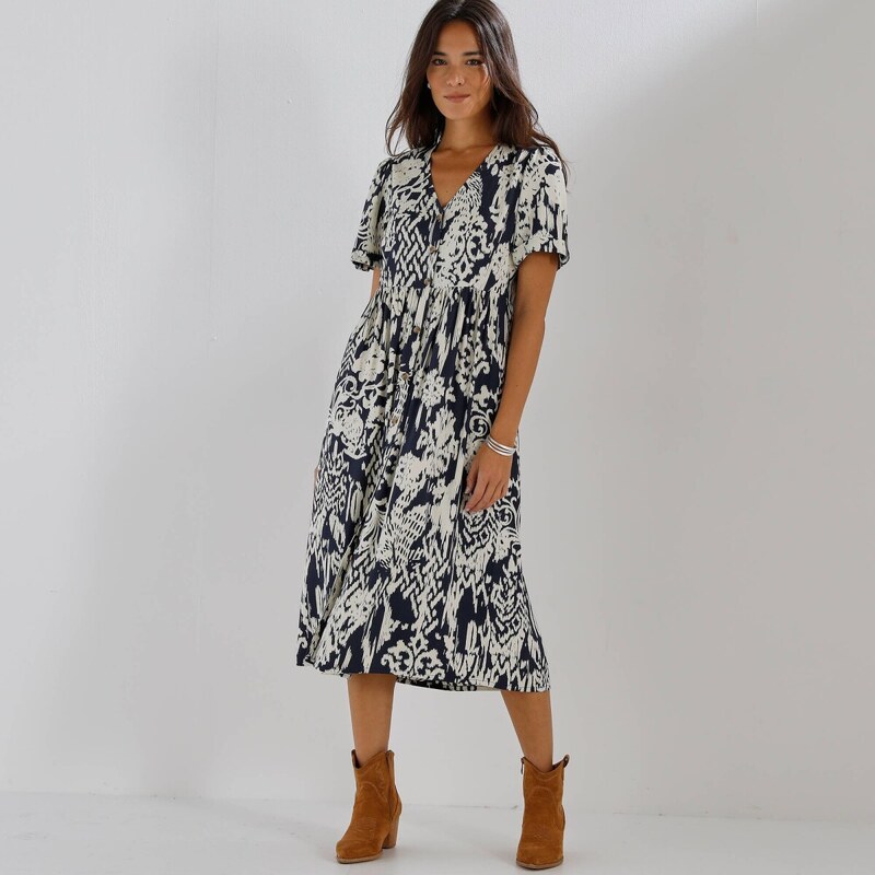 Midi šaty na zapínanie s etno potlačou indigo/ražná 054 Blancheporte 67484515