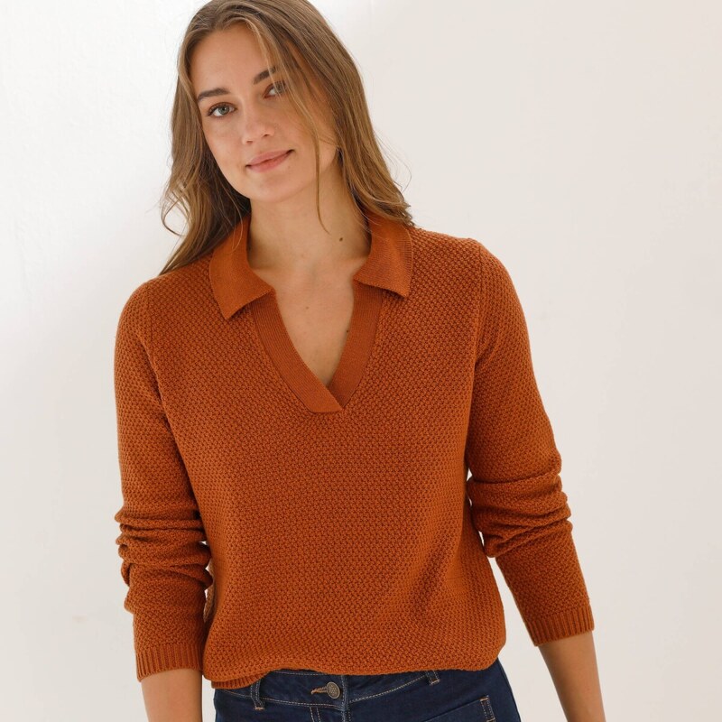 Pulóver s golierom_x000D_ a perličkovým vzorom karamelová 054 67484504