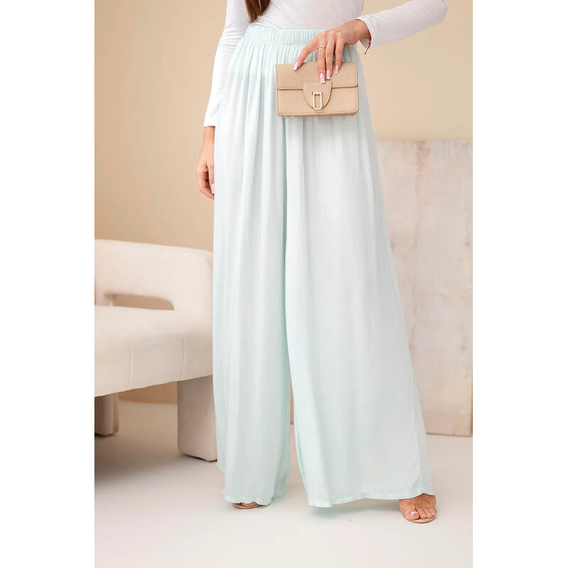 K-Fashion Dámske široké nohavice z viskózy s elastickým pásom mätovej 67757771