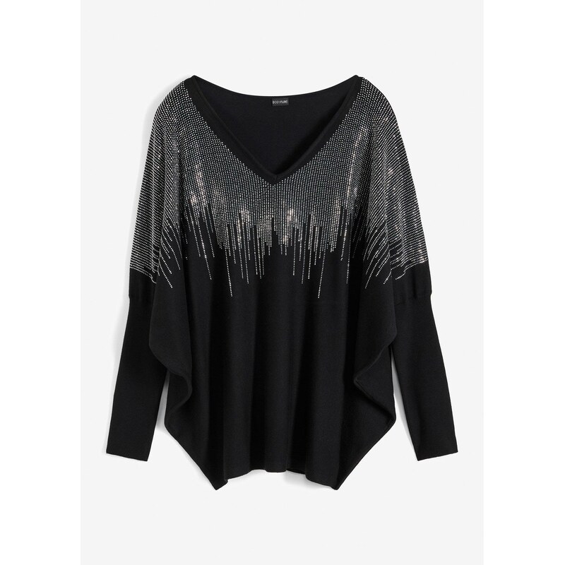 bonprix Pulóver so štrasovou aplikáciou, farba čierna 47086144