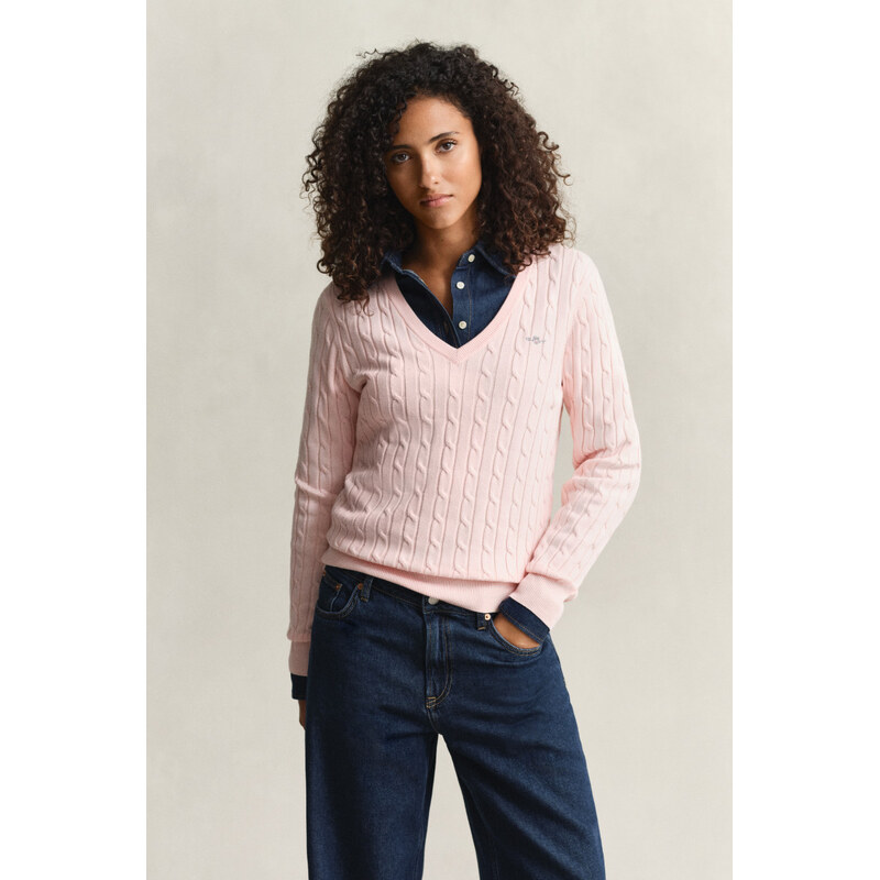 SVETER GANT STRETCH COTTON CABLE V-NECK APRICOT PINK 67313297