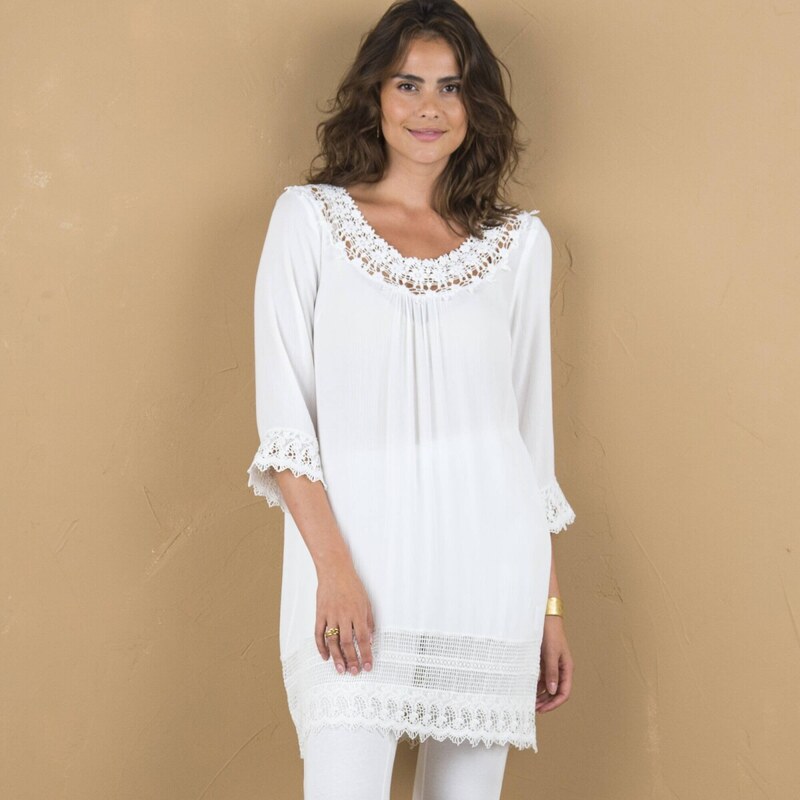 Krepónová tunika s 3/4 rukávmi a macramé biela 056 Blancheporte 61843513