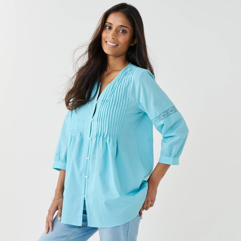 Jednofarebná tunika so zámikmi a macramé zelenkastá 042 Blancheporte 67494133