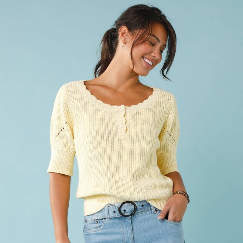 Úpletová blúzka s rukávmi po lakte, pre nižšiu postavu žltá 050 67494134