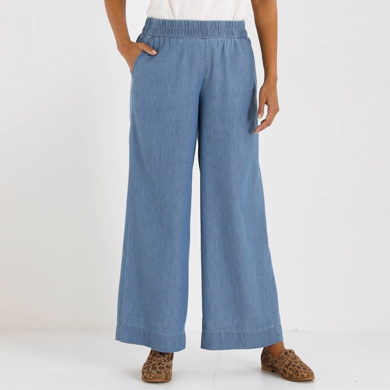 Široké denimové nohavice s pružným pásom zapratá modrá 052 67494160