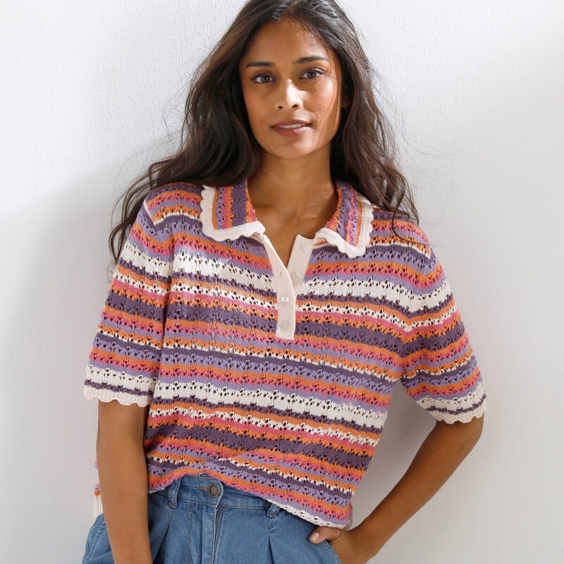 Ažúrová prúžkovaná blúzka s golierom ražná/ružová 054 Blancheporte 67494190