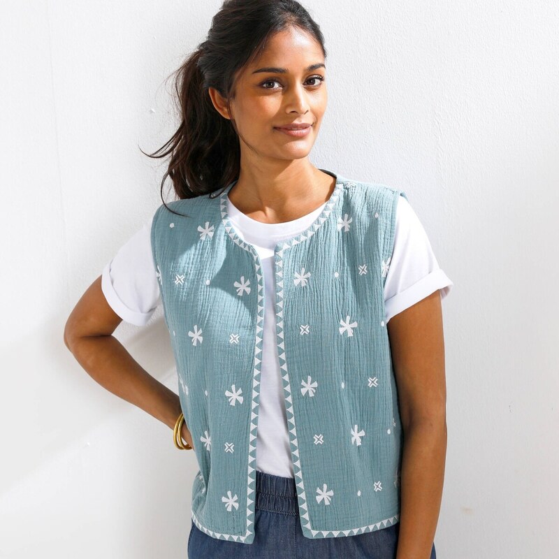 Mušelínová vesta s výšivkou modrosivá/ražná 054 Blancheporte 67494198