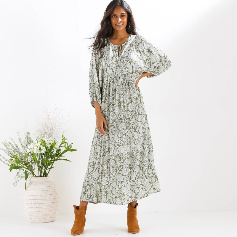 Dlhé krepónové rozšírené šaty s potlačou khaki 054 Blancheporte 67494197