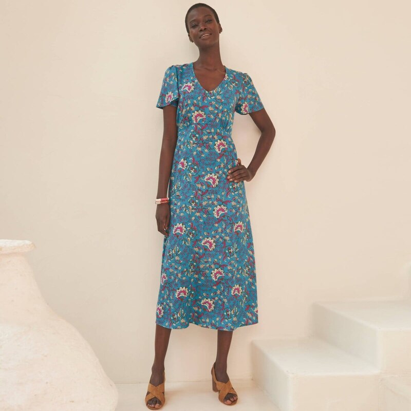 Dlhé šaty s výstrihom do V a potlačou modrá/ružová 036 Blancheporte 67521524