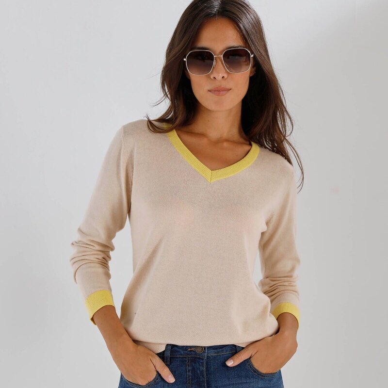 Dvojfarebný pulóver s výstrihom do V a kontrastnými lemami bežová/žltá 67521542