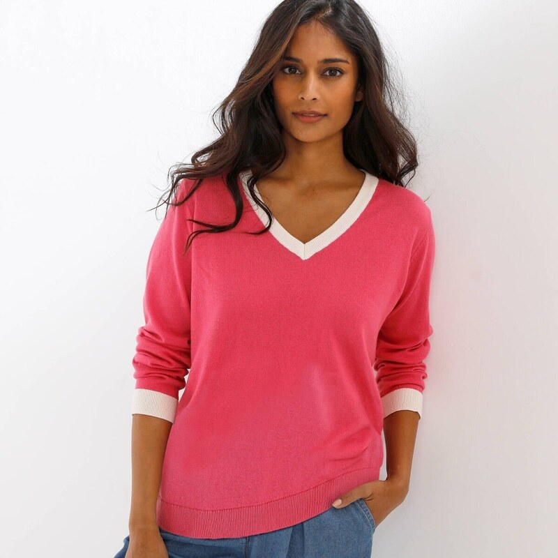 Dvojfarebný pulóver s výstrihom do V a kontrastnými lemami ružová 67521541