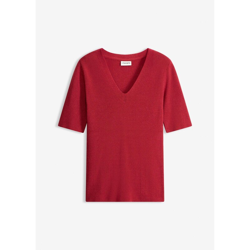 bonprix Vrúbkovaný pulóver, krátky rukáv s viskózou, farba červená 67534999