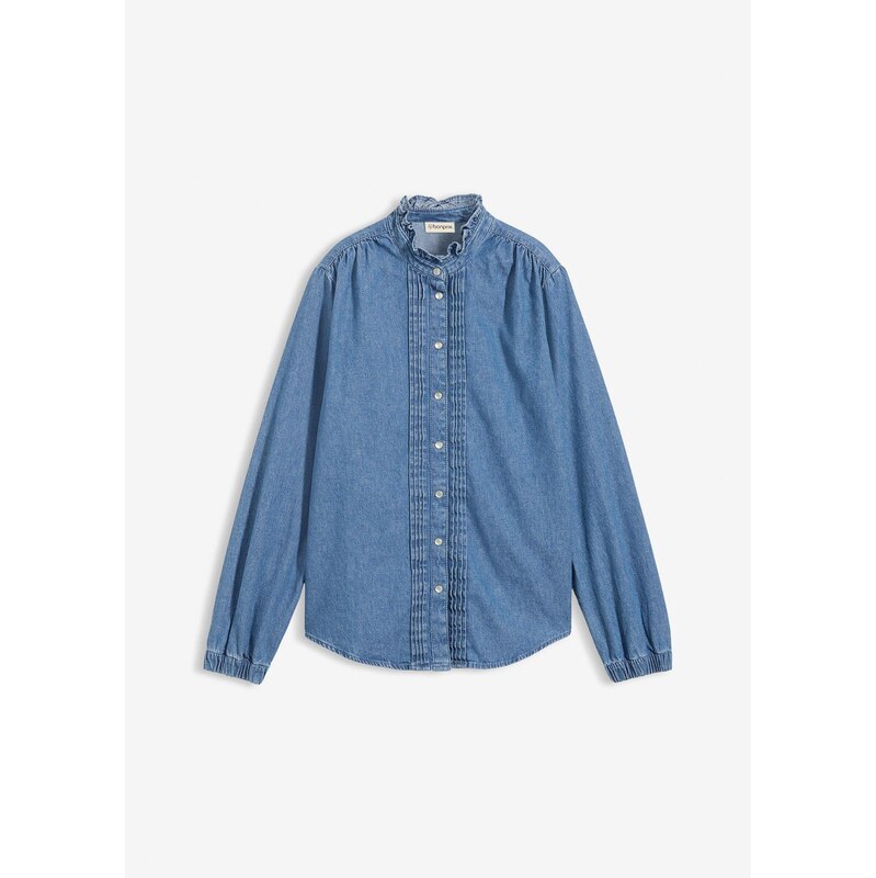 bonprix Džínsová blúzka s bio bavlnou, s volánmi, farba modrá 67535040