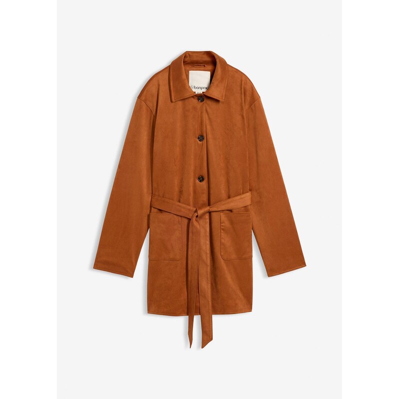 bonprix Krátky kabát, imitácia velúrovej kože, s opaskom, farba hnedá 67535322