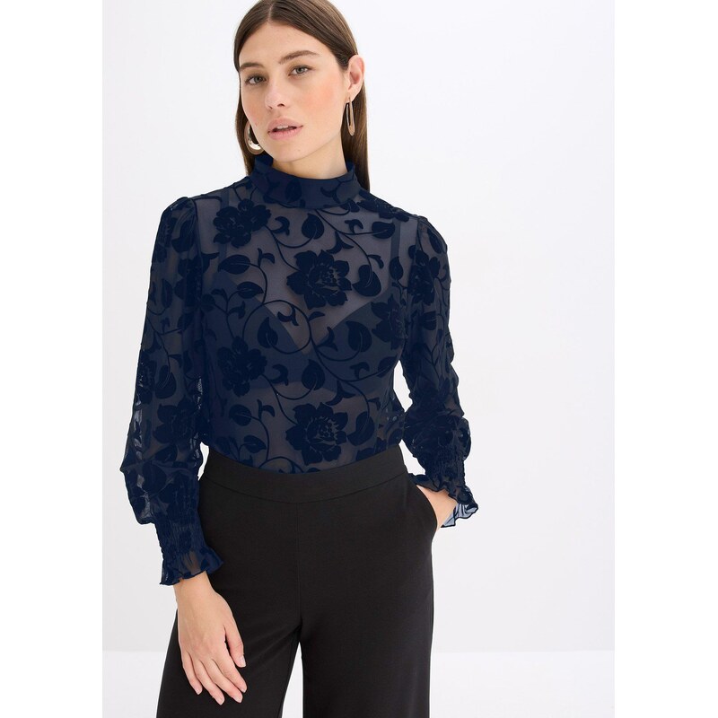 bonprix Tričko s dlhým rukávom, mierne transparentné, farba modrá 67535392