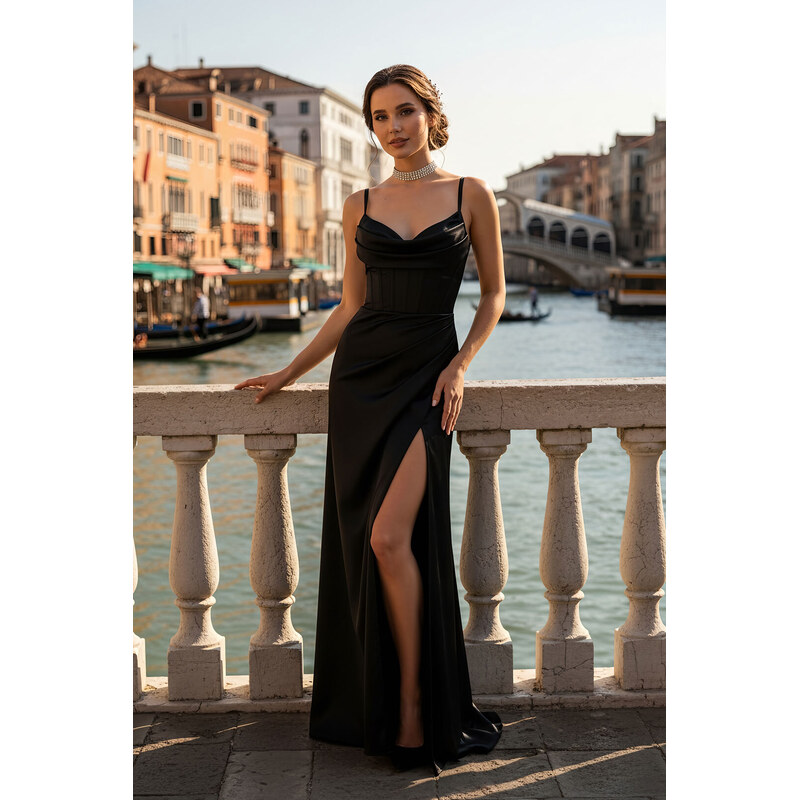 Glara Elegantné dlhé korzetové šaty so šnurovaním a rozparkom 67554902