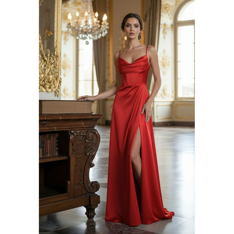 Glara Elegantné dlhé korzetové šaty so šnurovaním a rozparkom 67554905