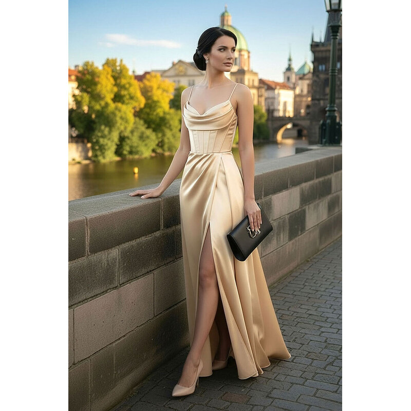 Glara Elegantné dlhé korzetové šaty so šnurovaním a rozparkom 67554907