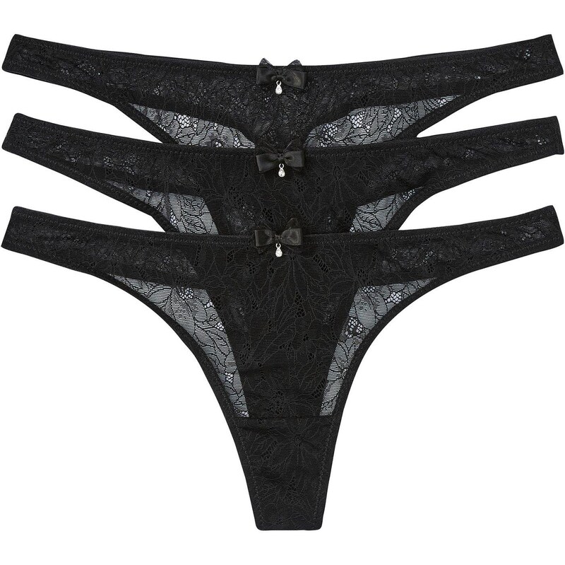 bonprix String nohavičky (3ks) z čipky, farba čierna 47784323