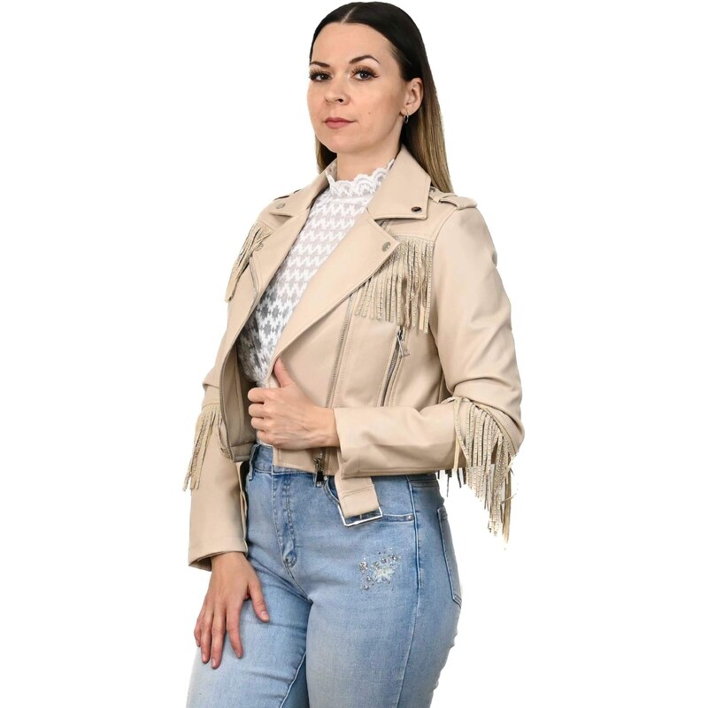 Béžová koženková bunda so strapcami 63789213