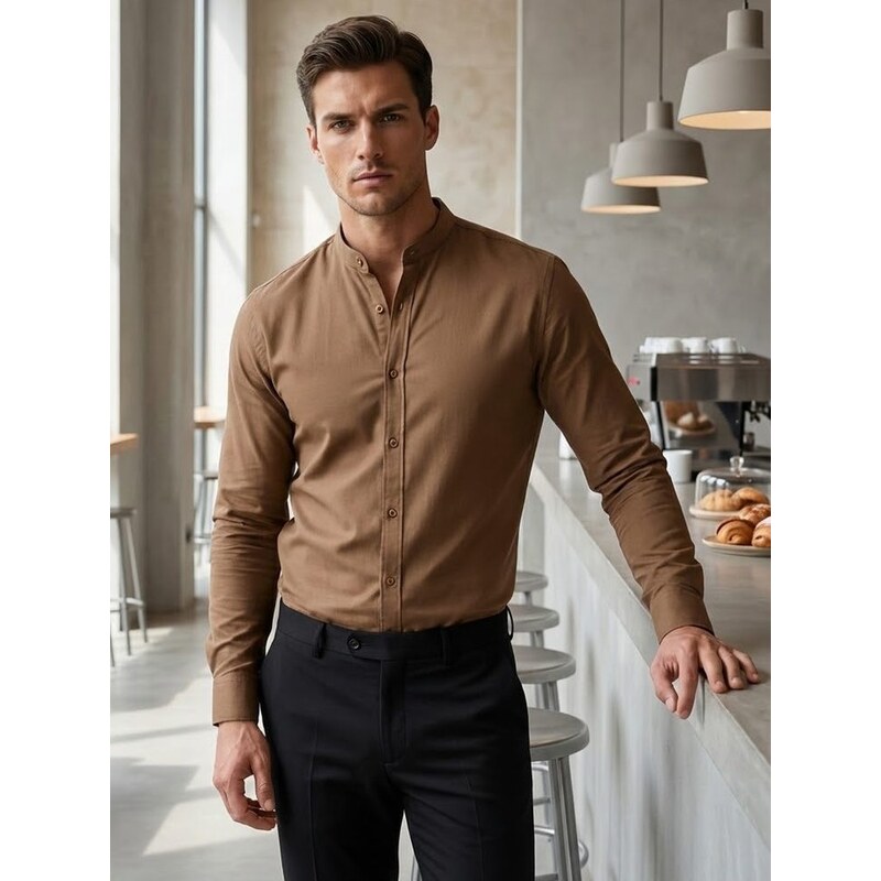 Dstreet Nadčasová hnedá pánska košeľa so stojačikom 59712845