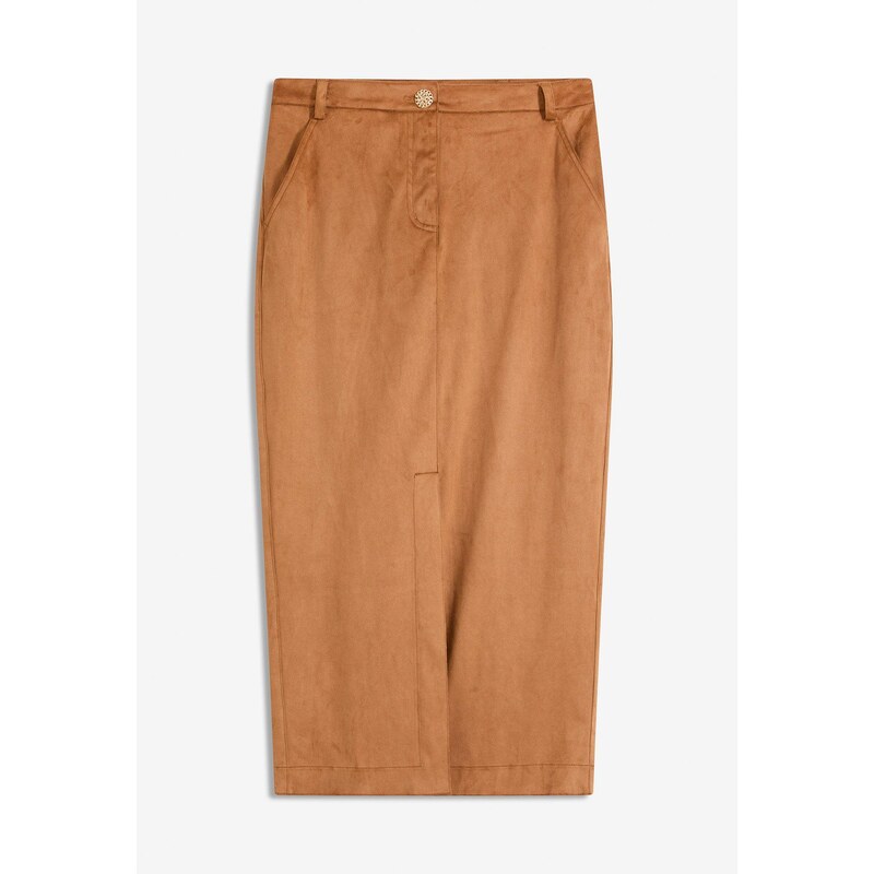 bonprix Ceruzková sukňa z velúrovej koženky, farba hnedá 65442664