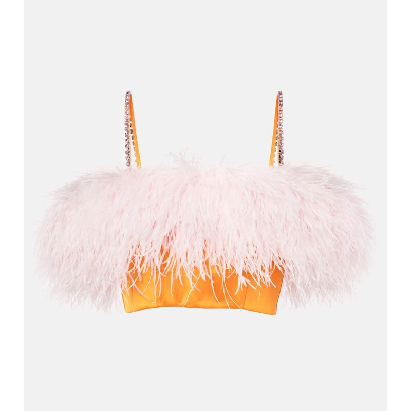 Self-Portrait Feather-trimmed satin crop top 68259066