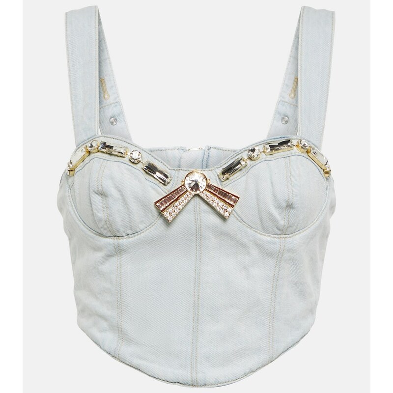 Area Crystal-embellished denim crop top 68073493