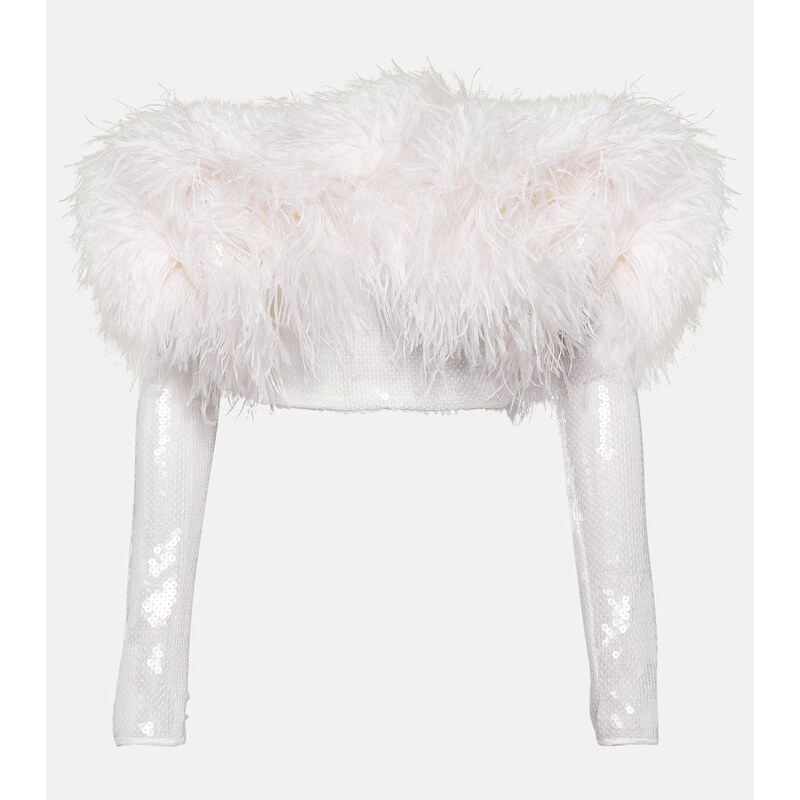David Koma Sequined feather-trimmed crop top 68137625