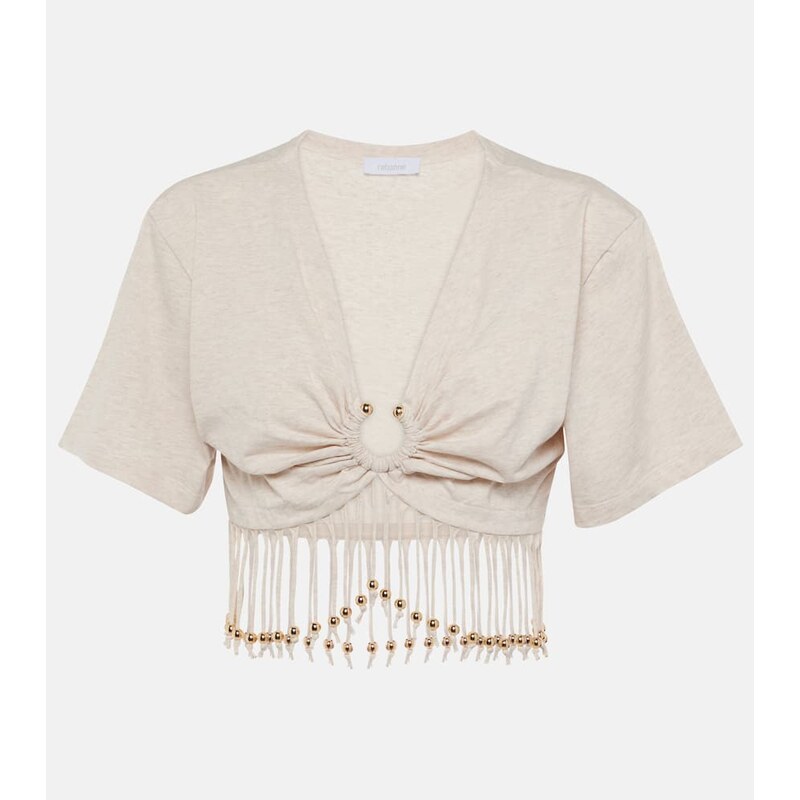 Rabanne Fringed beaded cotton jersey crop top 67960408