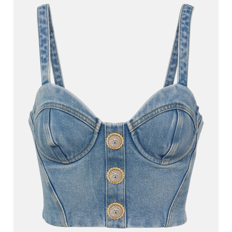 Balmain Cropped denim bustier 67960485