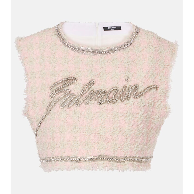 Balmain Logo embellished bouclÃ crop top 68075442