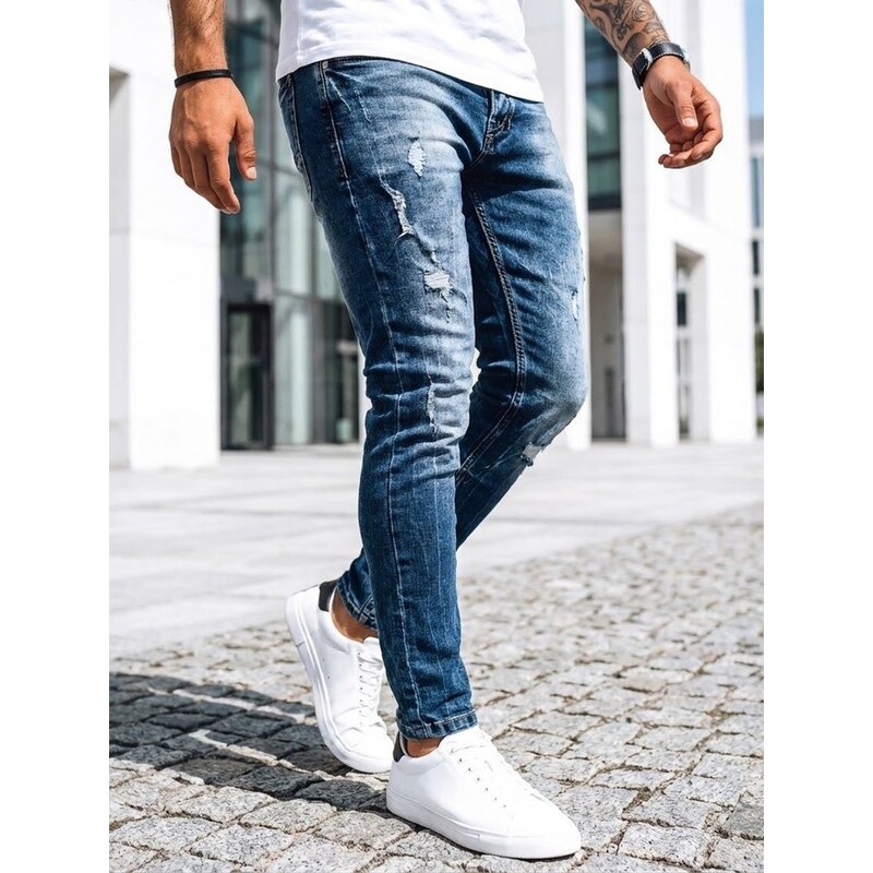 Buďchlap Štýlové modré rifle s dierami 41675057