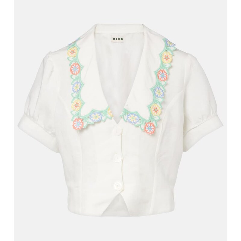 Rixo Iveta embroidered cropped linen-blend top 68176153