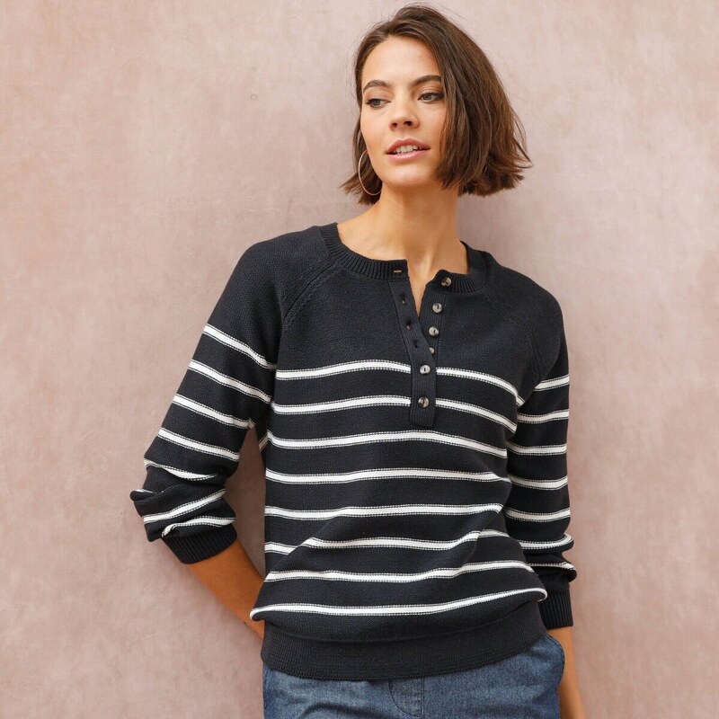 Pruhovaný pulóver s výstrihom na gombíky nám. modrá/ražná 054 67598795