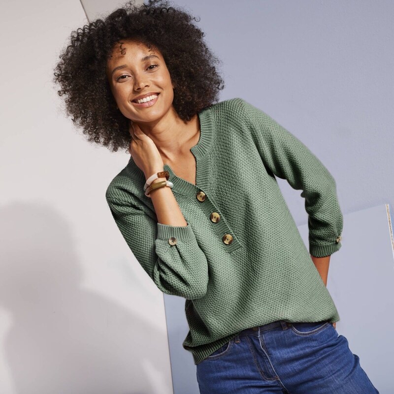 Pulóver s výstrihom na gombíky a 3/4 rukávmi khaki 054 Blancheporte 61854035