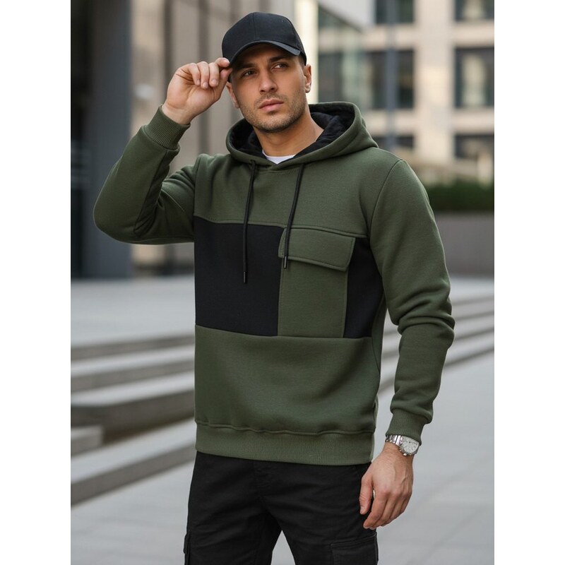 Dstreet Zaujímavá khaki mikina s vreckom a s kapucňou 62700589