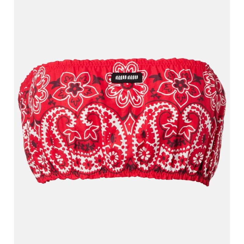 Miu Miu Printed cotton and linen poplin bandeau top 68211179