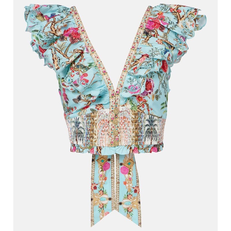 Camilla Embellished floral cotton poplin crop top 68280715