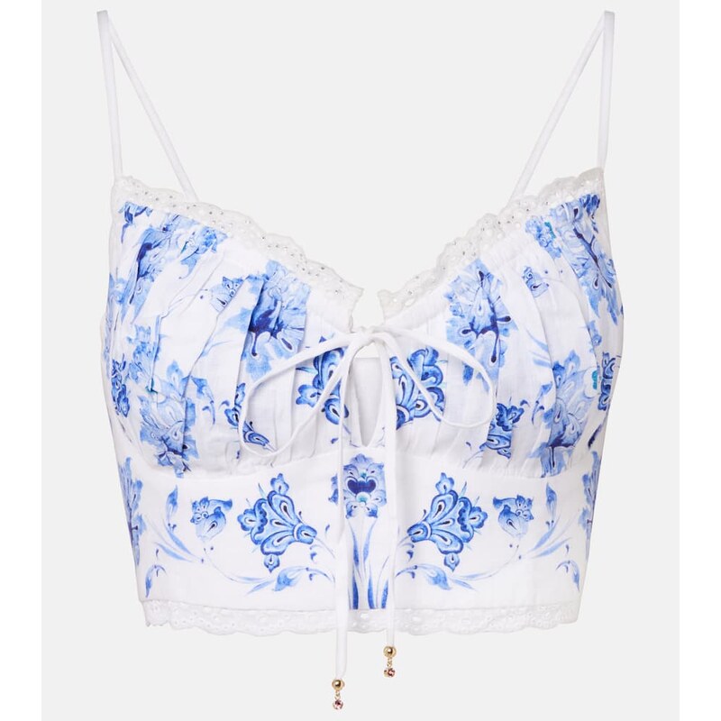 Camilla Printed lace-trimmed linen bra top 68016848