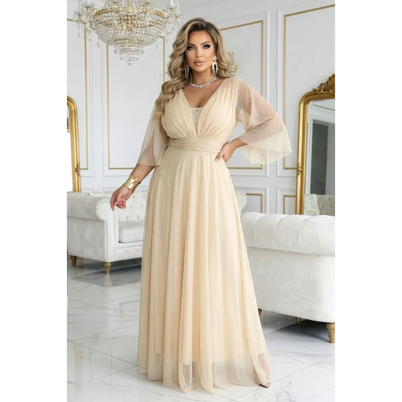 numoco basic Béžové spoločenské šaty s tylovými rukávmi 67604590