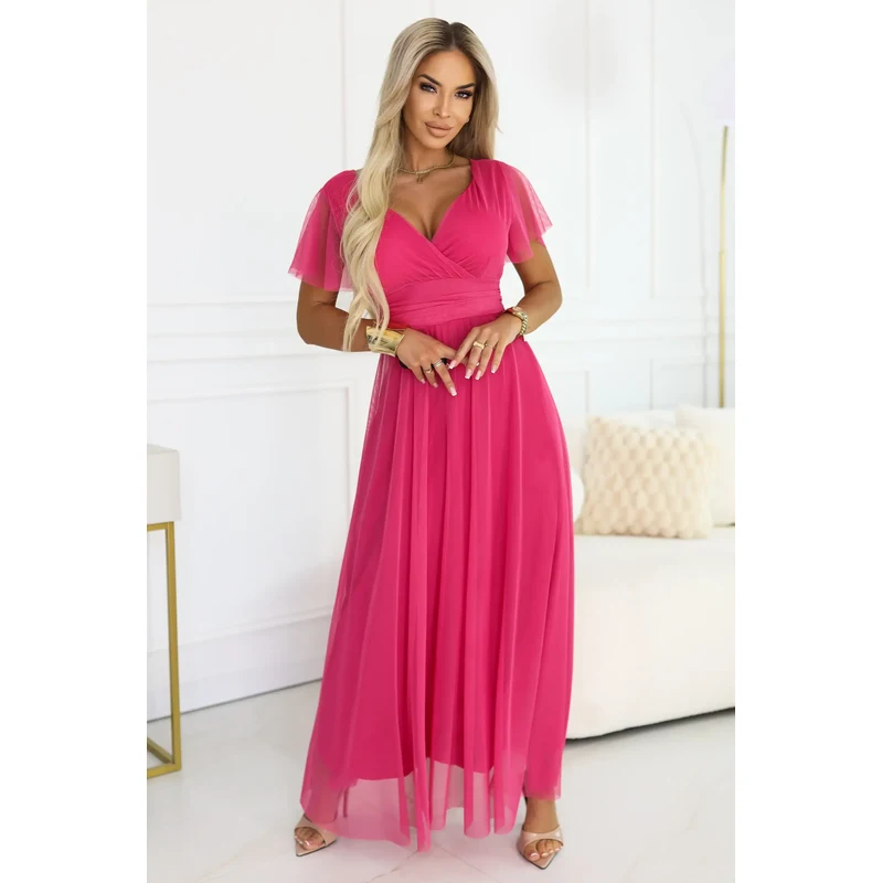 numoco basic Malinové tylové šaty s voľnými rukávmi Nastia 67604609