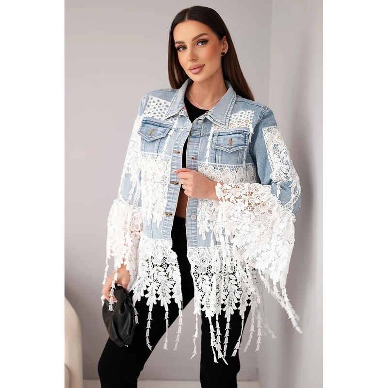 Kesi Włoski Dámska rifľová bunda s čipkou a strapcami 67567548