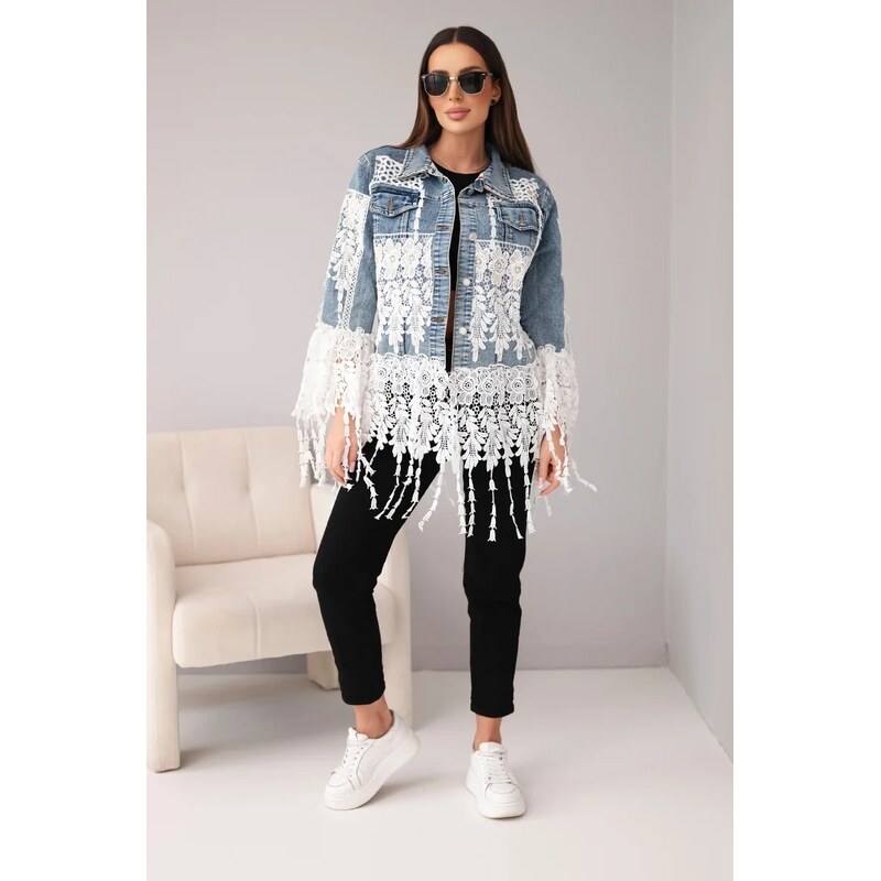 Kesi Włoski Dámska rifľová bunda s čipkou a strapcami 67580682