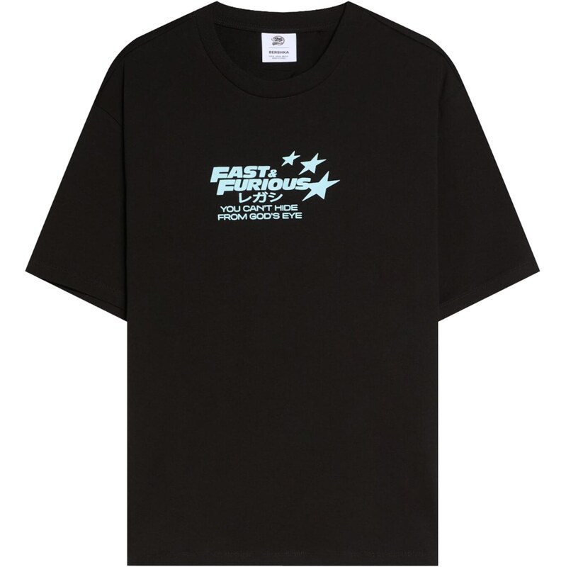 Bershka Tričko FAST&FURIOUS svetlomodrá / čierna 67632564