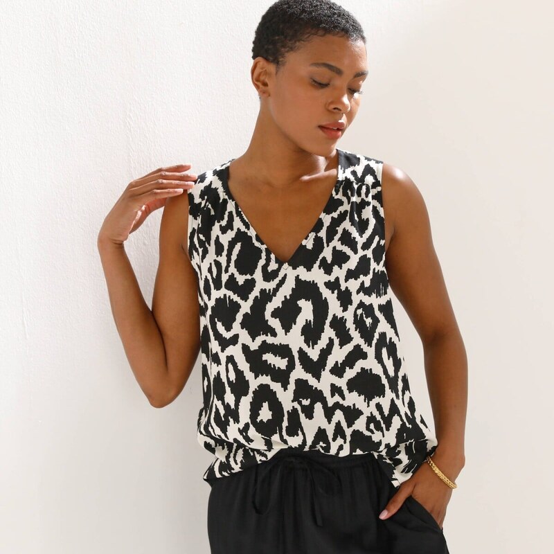 Top s potlačou a výstrihom do V čierna/béžová 054 Blancheporte 67632125