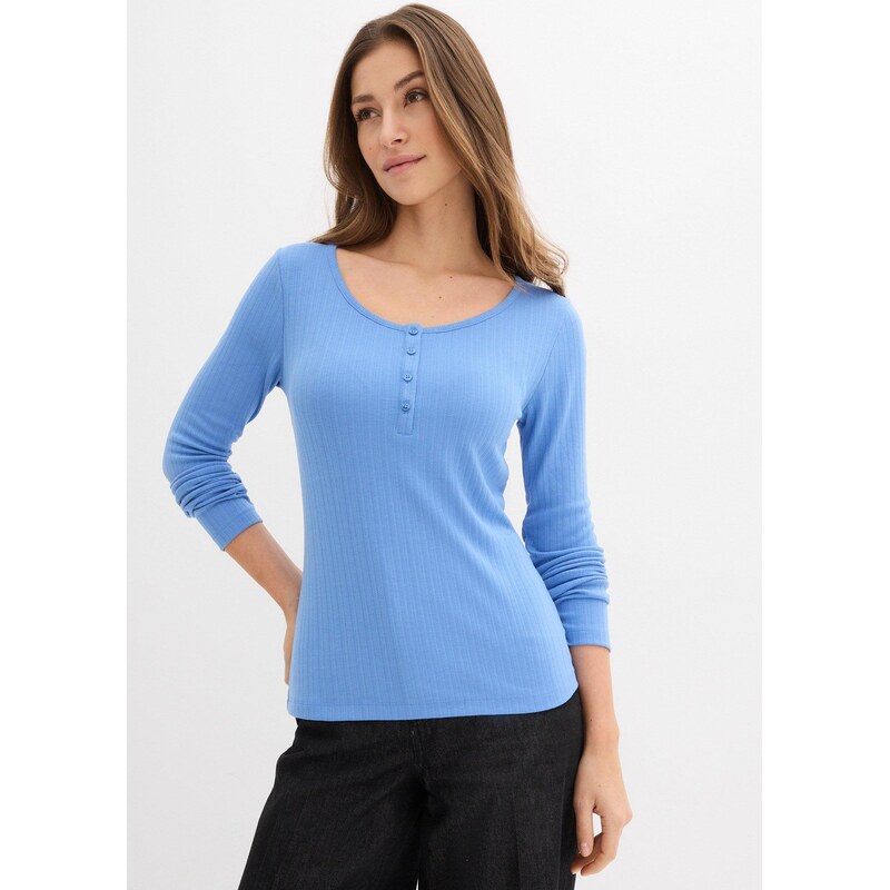 bonprix Vrúbkované tričko s dlhým rukávom, farba modrá 67644057
